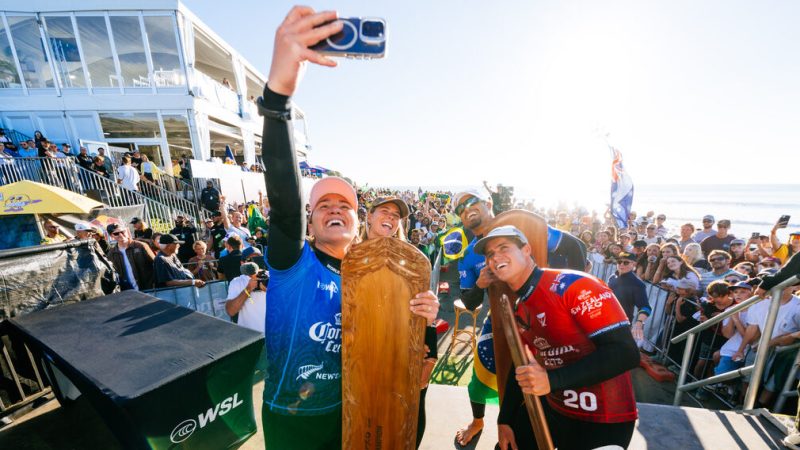 RAGLAN, NEW ZEALAND - MAY 25: Five-time WSL Champion Carissa Moore of Hawaii and WSL Champion Italo Ferreira of Brazil after winning the Final at the Corona Cero New Zealand Pro on May 25, 2026 at Raglan, New Zealand. (Photo by Rambo Estrada/World Surf League)