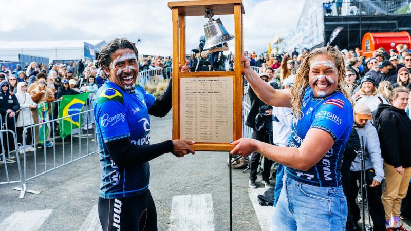 BELLS BEACH, VICTORIA, AUSTRALIA - APRIL 11: (L-R) Miguel Pupo of Brazil and Gabriela Bryan of Hawaii at the presentation at the Rip Curl Pro Bells Beach on April 11, 2026 at Bells Beach, Victoria, Australia. (Photo by Ed Sloane/World Surf League)